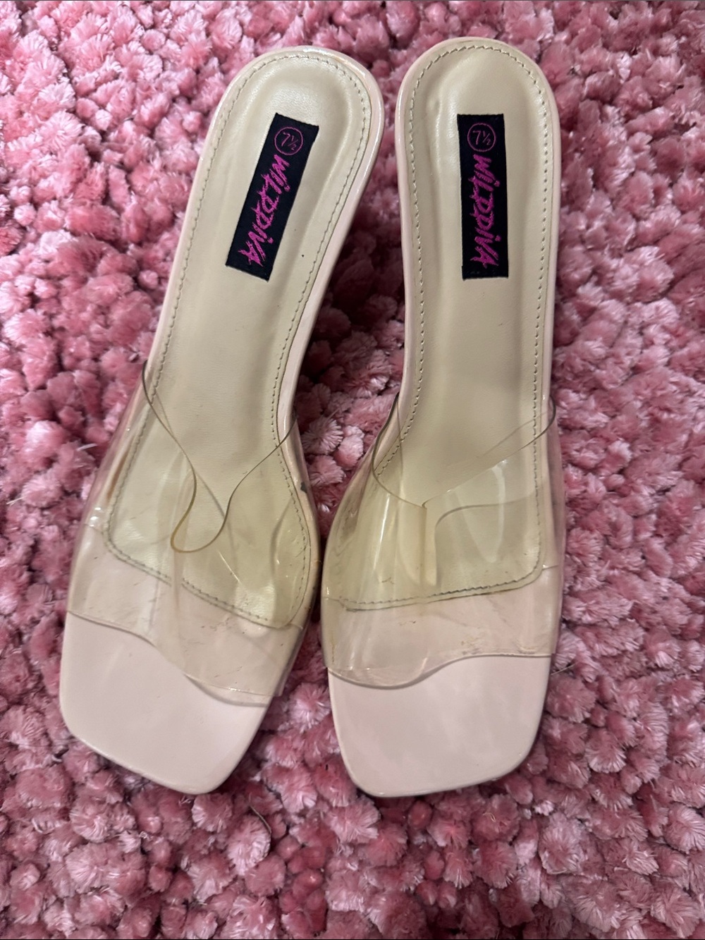 Wild Diva Nude Clear-Band Square Toe Slide Mules